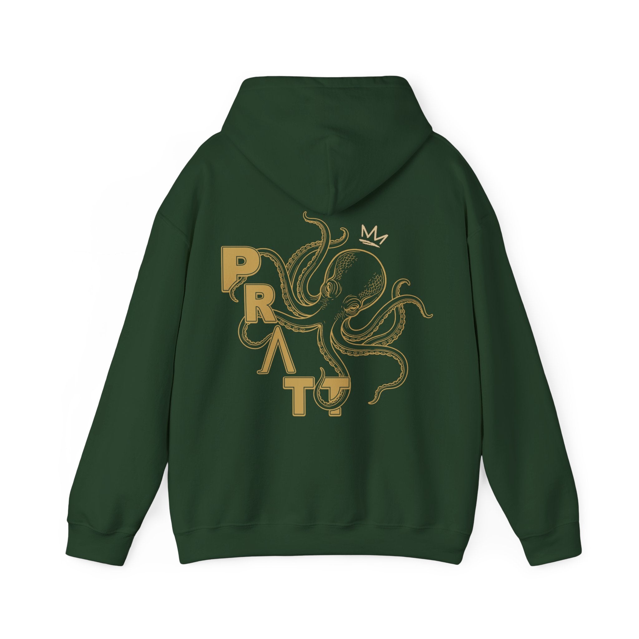 Men's Forest Green Octopus Crest Hoodie – PRATT Gold Graphic Pullover | Premium Cotton Blend Streetwear Hoodie