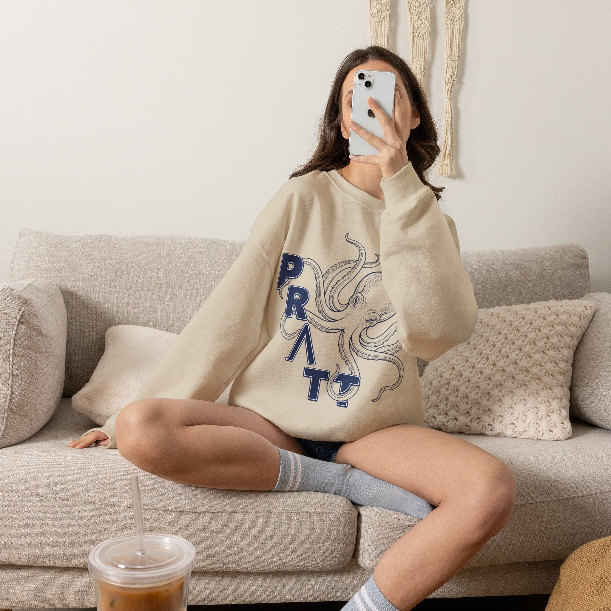 Women's Sand Octopus Graphic Sweatshirt – PRATT Nautical Crewneck | Premium Cotton Blend Pullover