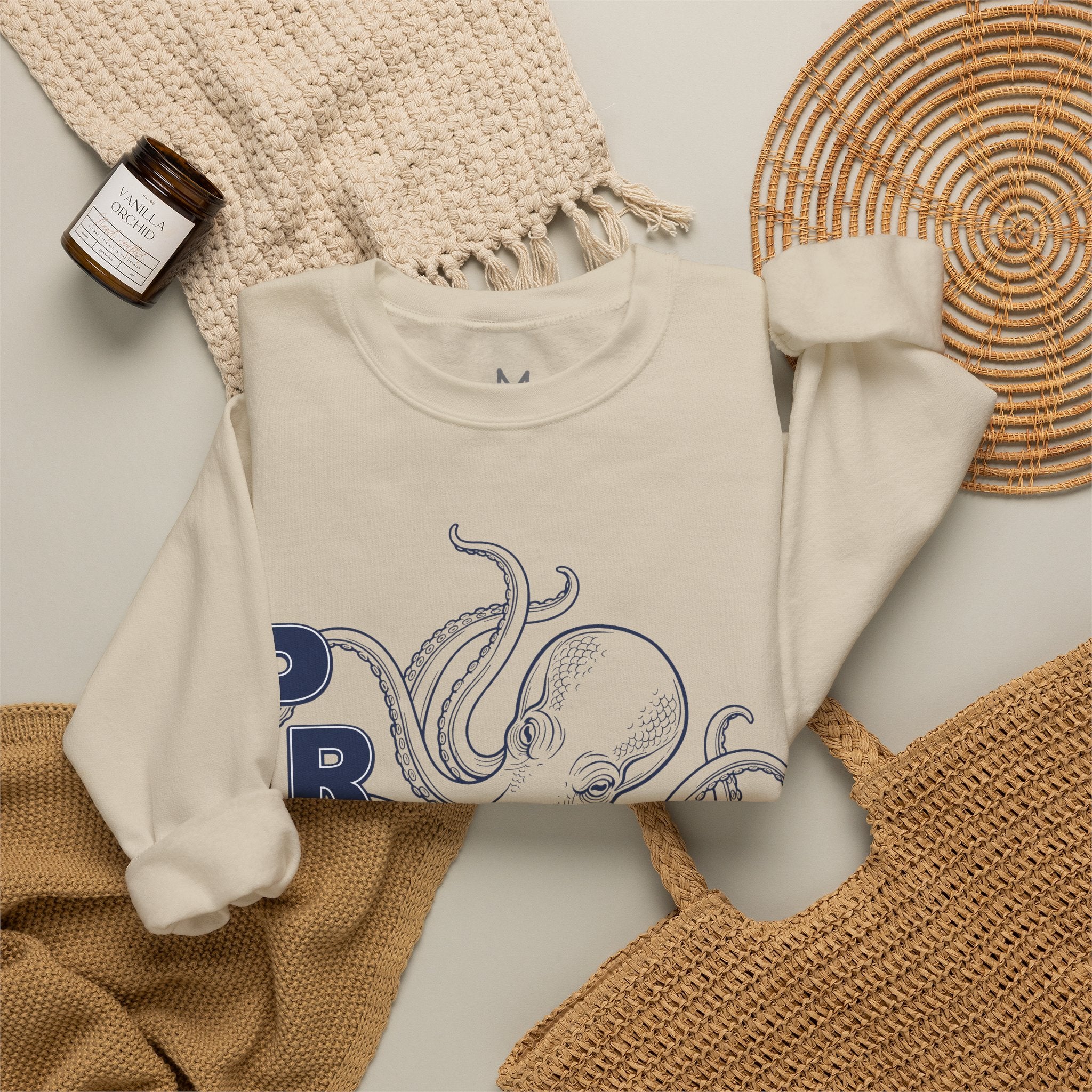 Women's Sand Octopus Graphic Sweatshirt – PRATT Nautical Crewneck | Premium Cotton Blend Pullover