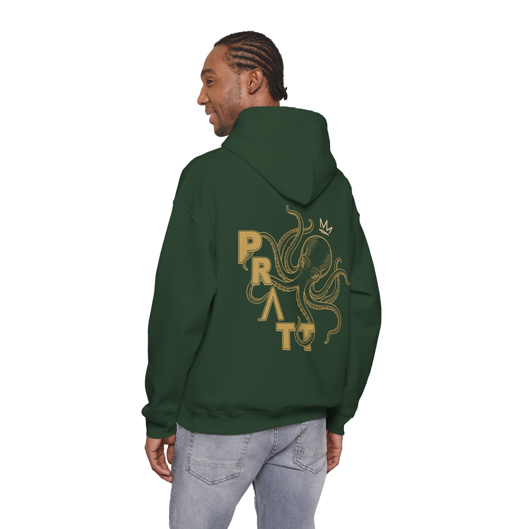 Men's Forest Green Octopus Crest Hoodie – PRATT Gold Graphic Pullover | Premium Cotton Blend Streetwear Hoodie