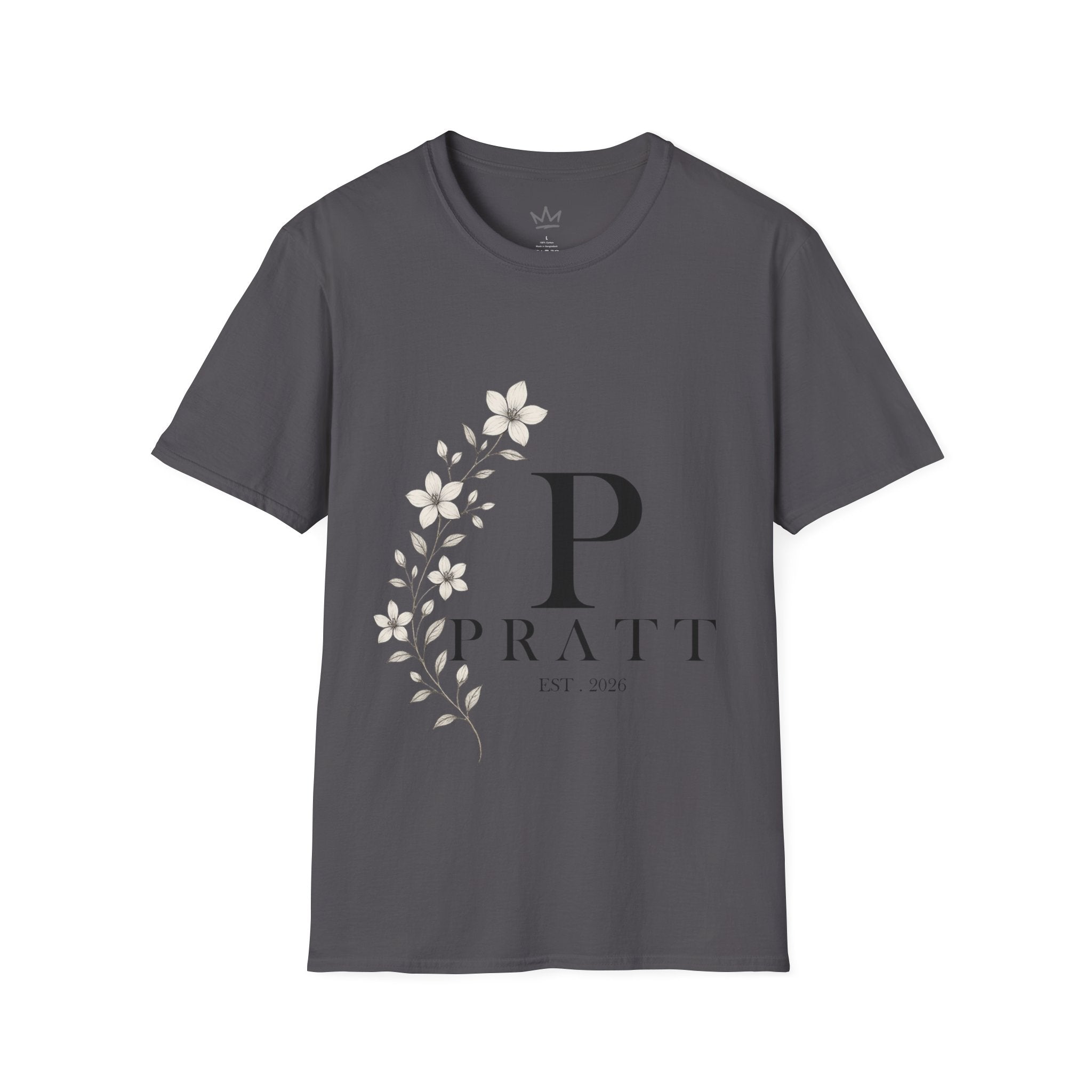 Women's Charcoal Monogram Floral T-Shirt – Elegant 'P' Initial Cotton Graphic Tee | Soft Ring-Spun Crew Neck