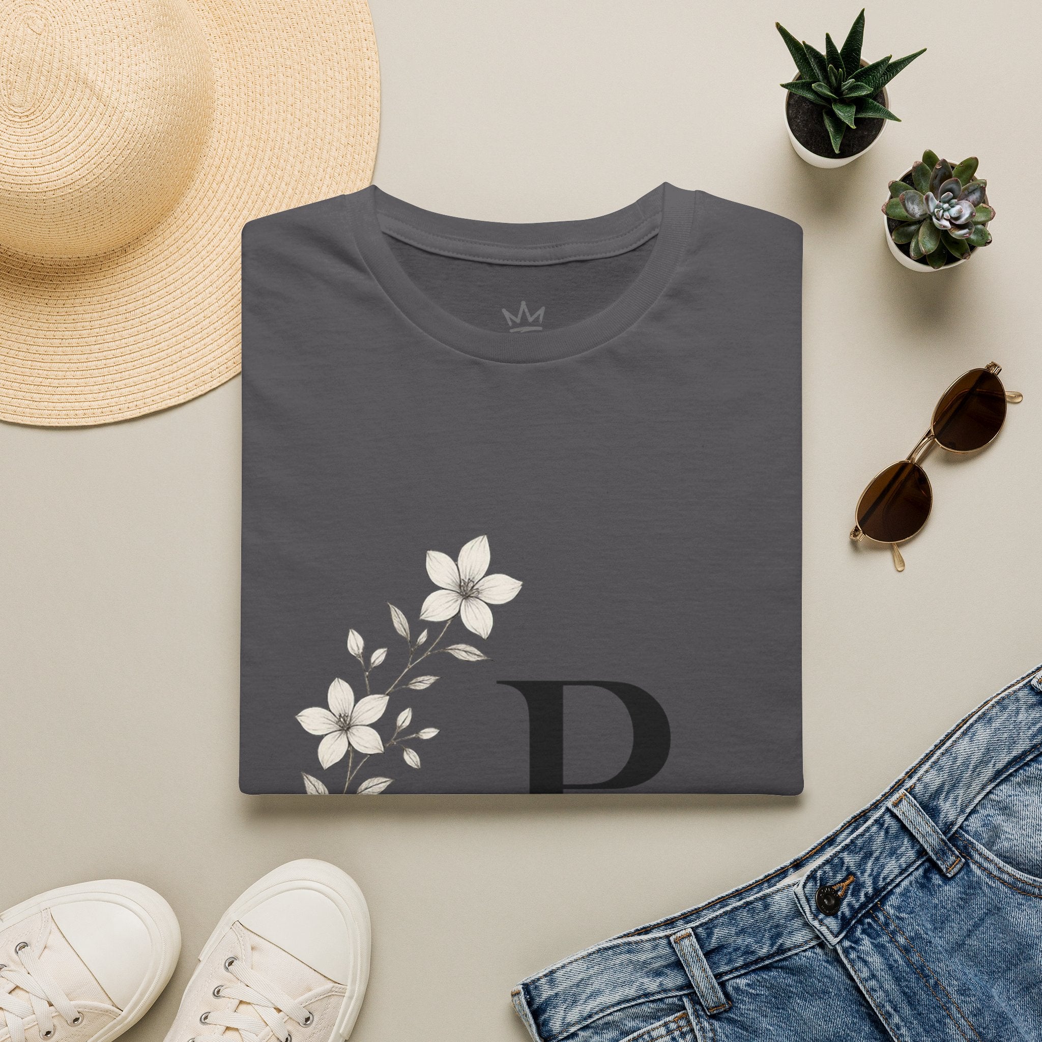 Women's Charcoal Monogram Floral T-Shirt – Elegant 'P' Initial Cotton Graphic Tee | Soft Ring-Spun Crew Neck