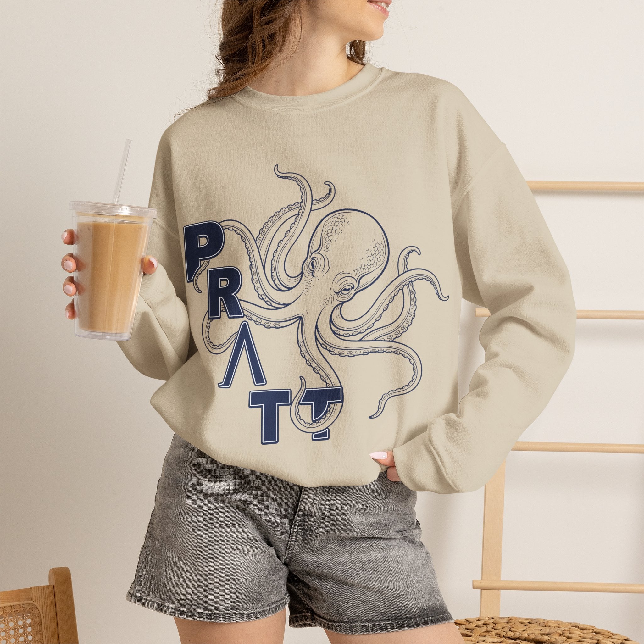 Women's Sand Octopus Graphic Sweatshirt – PRATT Nautical Crewneck | Premium Cotton Blend Pullover