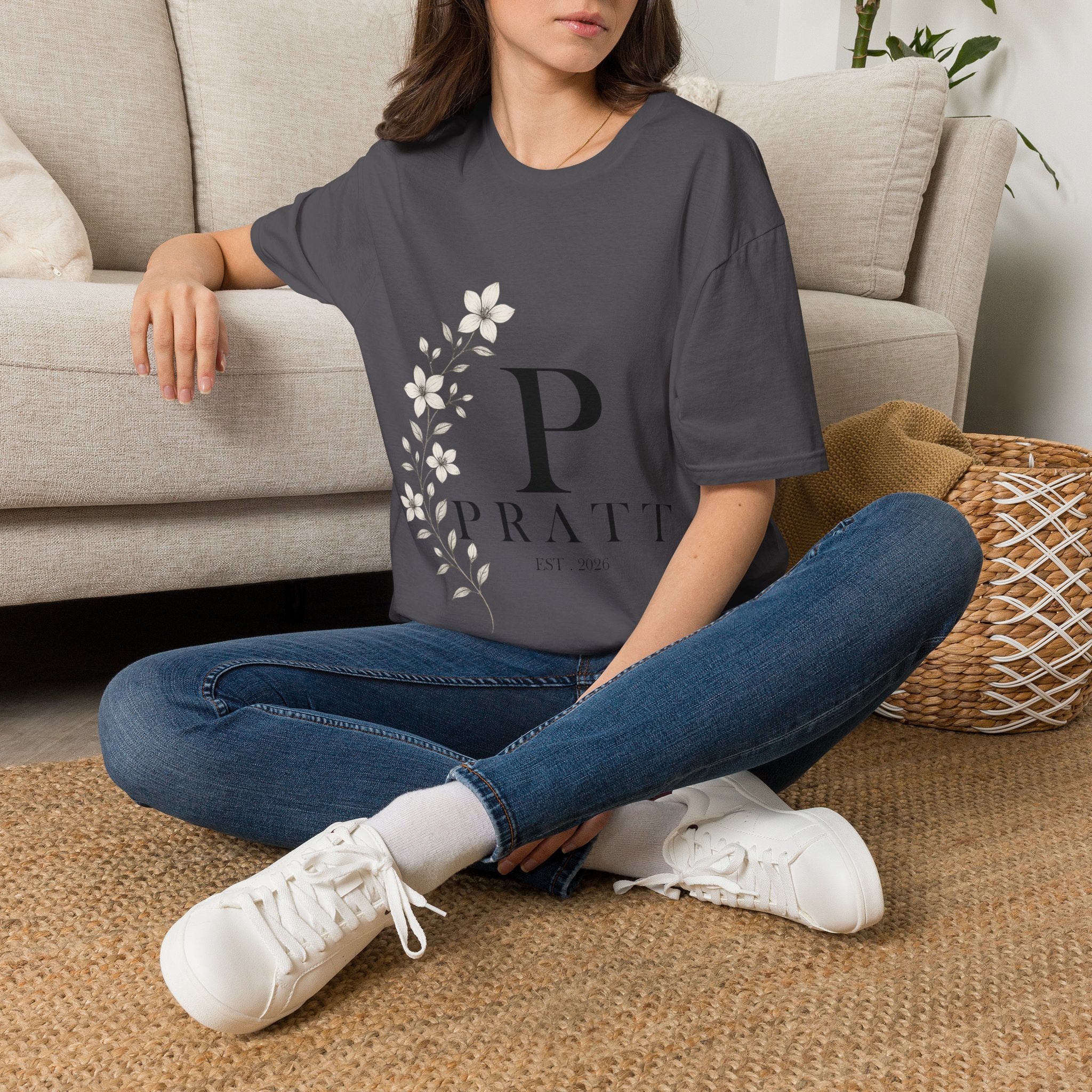 Women's Charcoal Monogram Floral T-Shirt – Elegant 'P' Initial Cotton Graphic Tee | Soft Ring-Spun Crew Neck