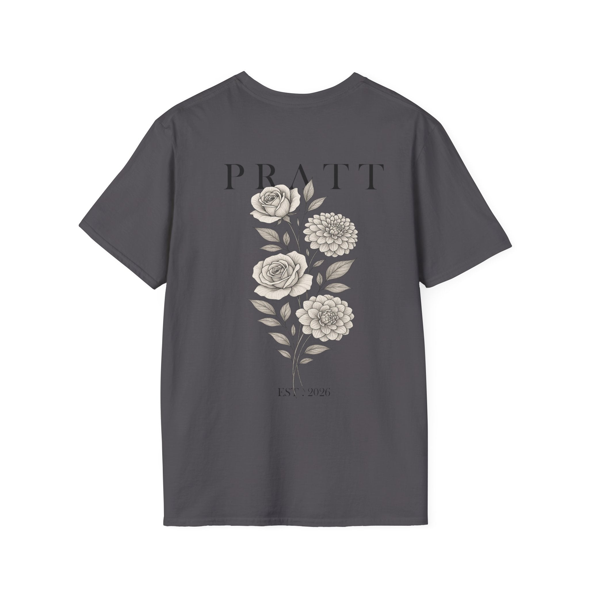 Women's Charcoal Monogram Floral T-Shirt – Elegant 'P' Initial Cotton Graphic Tee | Soft Ring-Spun Crew Neck