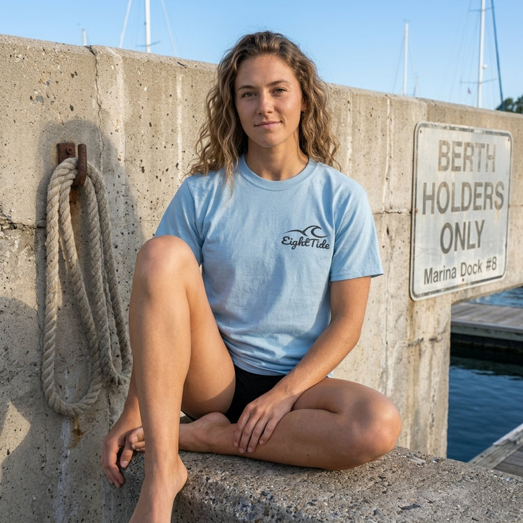 Eight Tide Wave Heavy Cotton T-Shirt – Light Blue, 100% Cotton