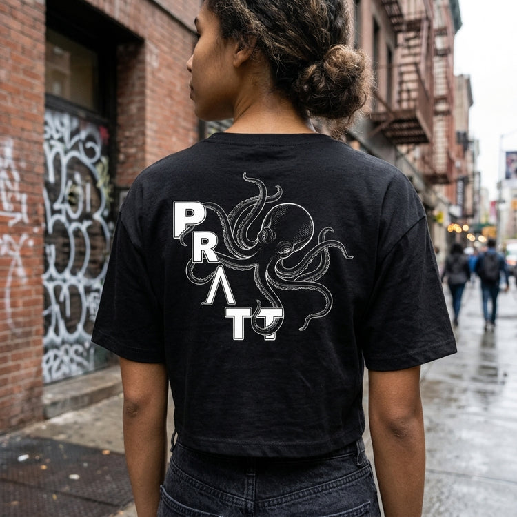 PRATT Women's Black Octopus Crop Top – 100% Cotton Graphic T-Shirt